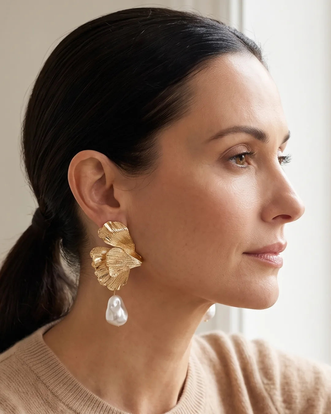Giselle Sculptural Floral Pearl Drop Earrings Bloom